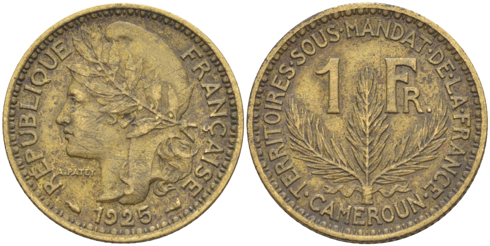 Французский Камерун 1 франк 1925 (а), монетный двор Париж KM 2 алюминиевая бронза 36-211