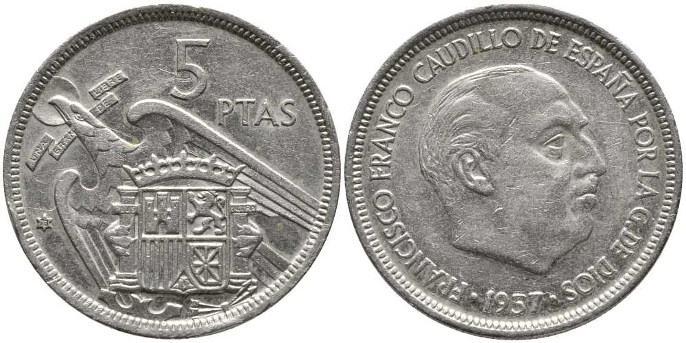 ИСПАНИЯ 5 ПЕСЕТ 1957 (73) ФРАНСИСКО ФРАНКО ДИКТАТОР ИСПАНИИ (1939-1975) KM 786 медно-никель 110-946