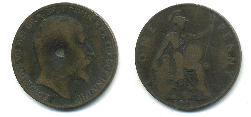 Великобритания 1 пенни 1910 Эдуард VII (1901-1910) KM 794.2, Spink 3990 бронза 4110-113