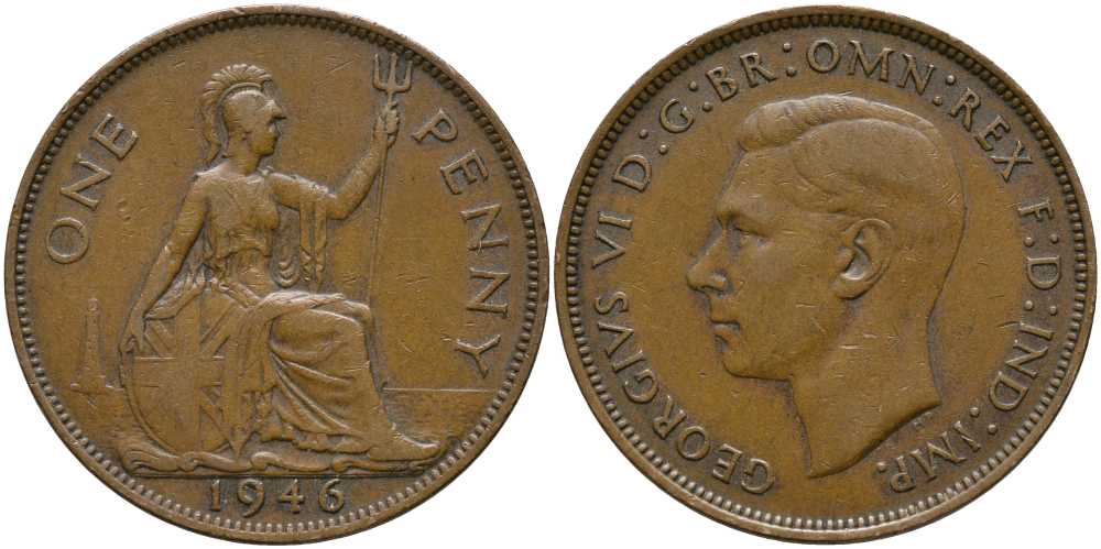 Великобритания 1 пенни 1946 Георг VI (1936-1952) КМ 845, Spink 4114 бронза 115-426