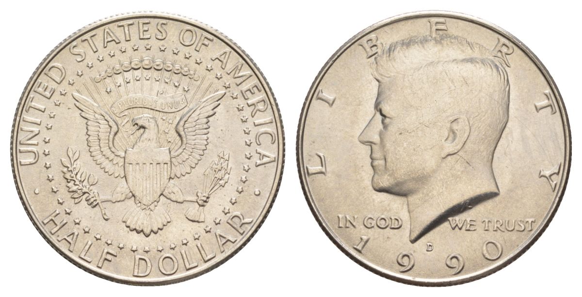 США 1/2 доллара (50 центов) 1990 D, Джон Кеннеди KM A202b медь плакированная медно-никелем aUNC 4367-1025