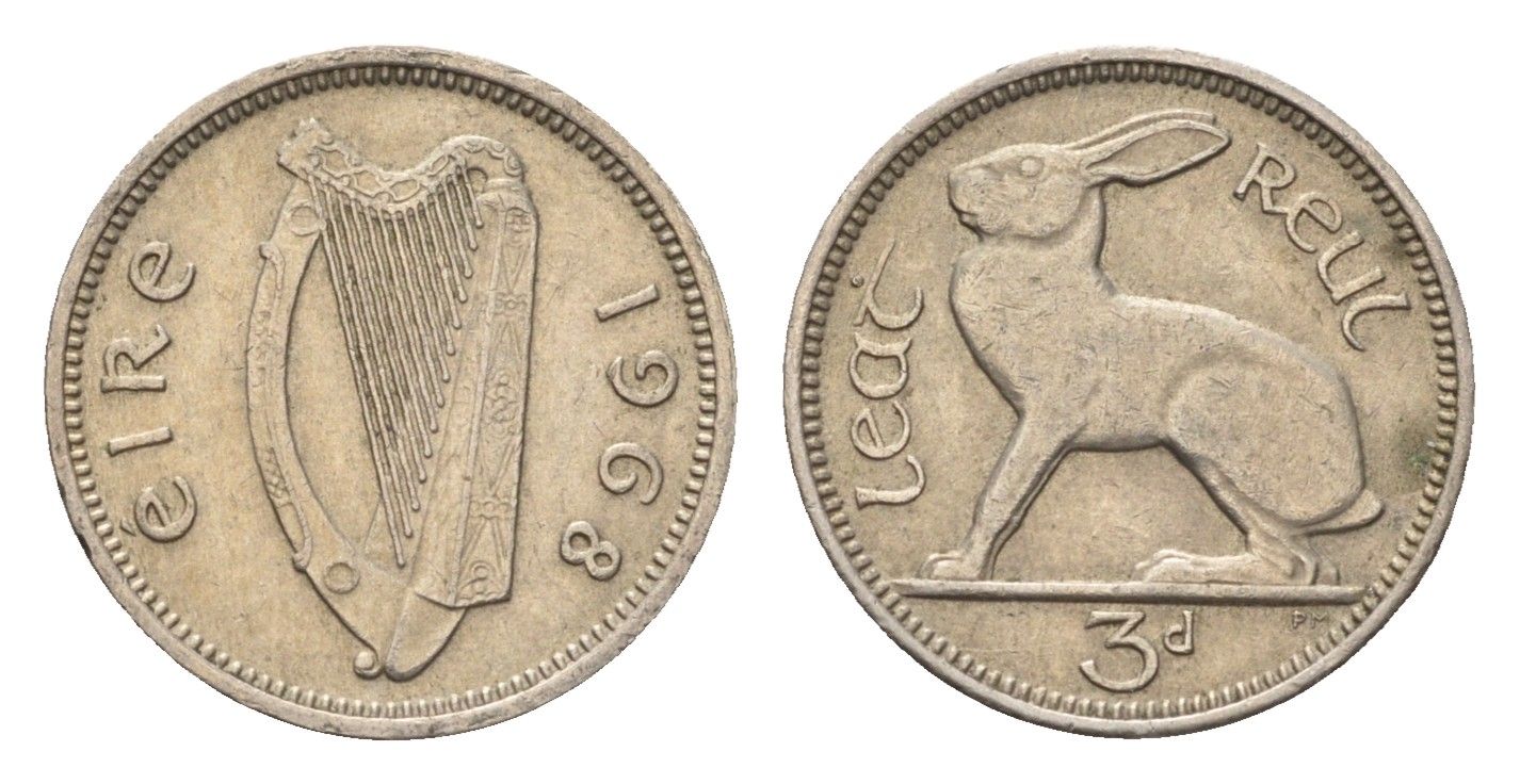 Ирландия 3 пенса 1968 заяц KM 12a медно-никель 4696-513