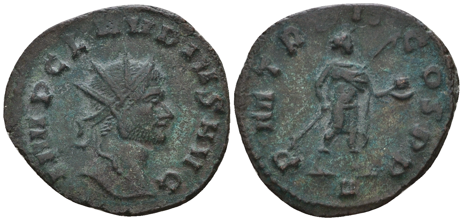 Римская Империя антониниан 269 Клавдий II Готский, IMP CLAVDIVS AVG, бюст императора / PM TR P II COS P P, император с копьем, Рим RIC 12 биллон 1073-25-26