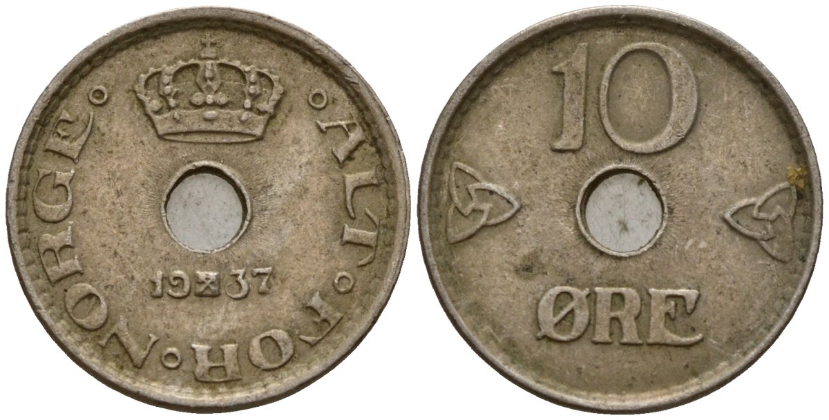 Норвегия 10 эре 1937 Хокон VII (1906 - 1957) KM 383 медно-никель 4154-754