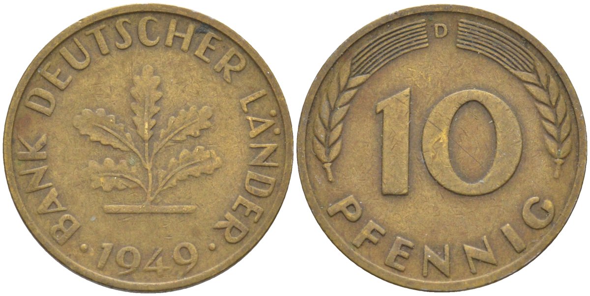 ФРГ 10 пфеннигов 1949 D KM 103, J.378 сталь плакированная латунью 219-1044