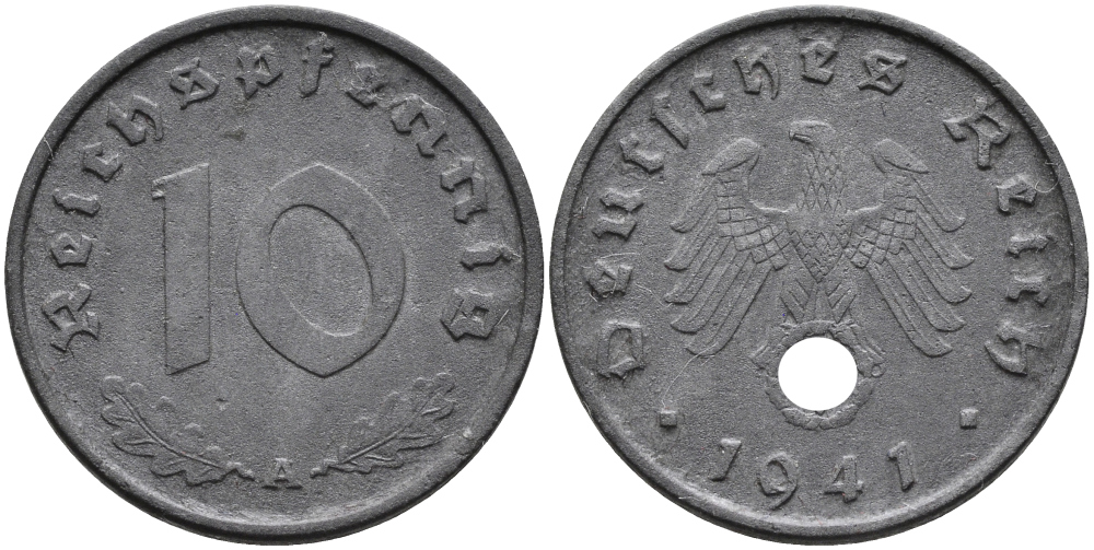 ГЕРМАНИЯ 10 РЕЙХСПФЕННИГОВ 1941 А KM 101, J.371 цинк 95-737