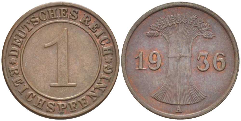ГЕРМАНИЯ 1 РЕЙХСПФЕННИГ 1936 A KM 37, J. 313, Weege 2 бронза 211-134