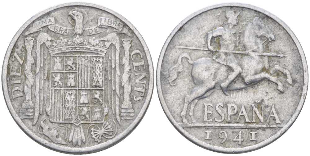 ИСПАНИЯ 10 СЕНТИМО 1941 PLUS, РЫЦАРЬ НА КОНЕ KM 766 алюминий 119-911