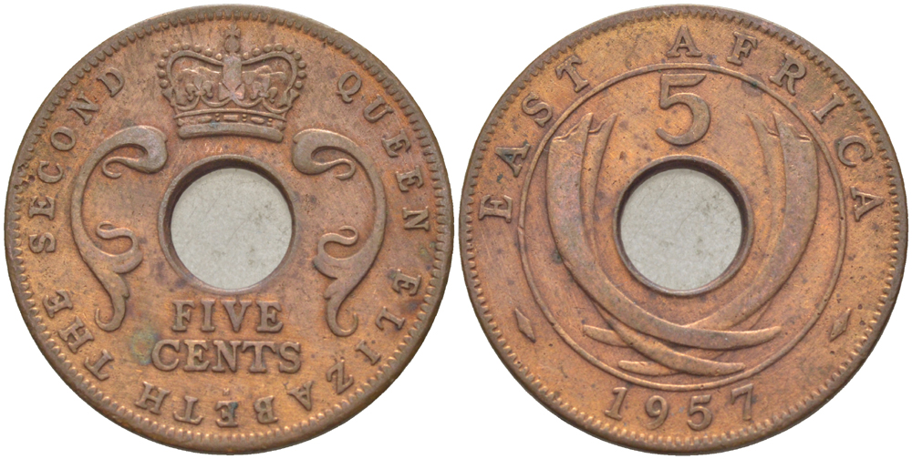 БРИТАНСКАЯ ВОСТОЧНАЯ АФРИКА 5 ЦЕНТОВ 1957 ЕЛИЗАВЕТА II (1952-) KM 37 бронза 94-1243