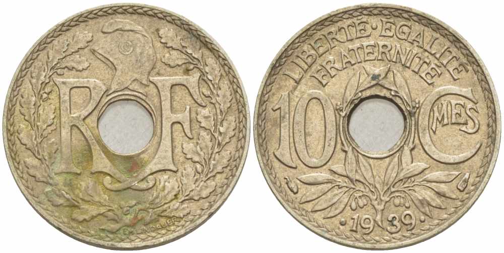 ФРАНЦИЯ 10 САНТИМОВ 1939 ТИП ЛИНДАЙЁ .1939. KM 889.1, LE FRANC 139.4 никель бронза 108-241
