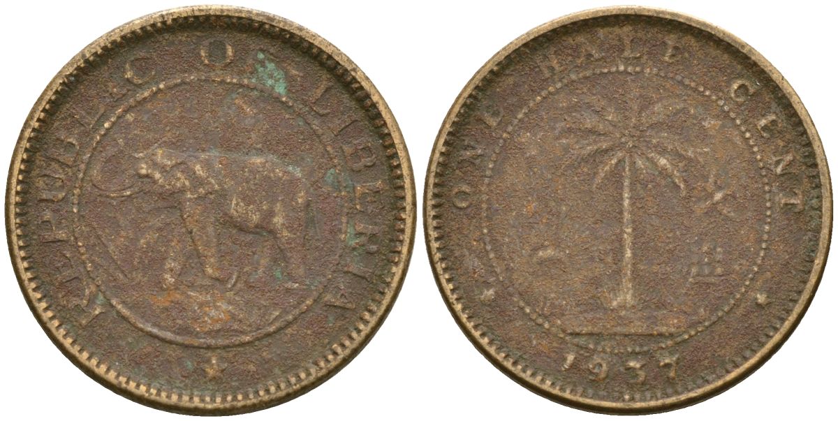 Либерия 1/2 цента 1937 KM 10 латунь 4174-355