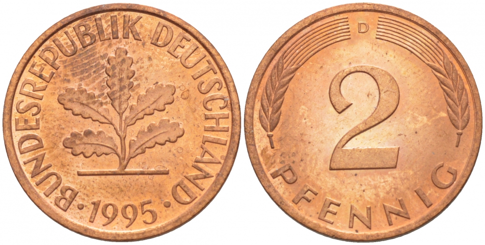 ФРГ 2 ПФЕННИГА 1995 D KM 106a, J.381a сталь плакированная сталь плакированная медьюю 4532-569