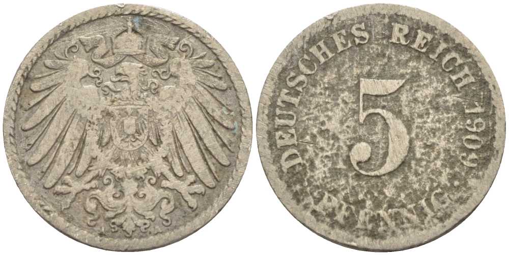 ГЕРМАНИЯ 5 ПФЕННИГОВ 1909 A KM 11, J. 12 медно-никель 100-1127
