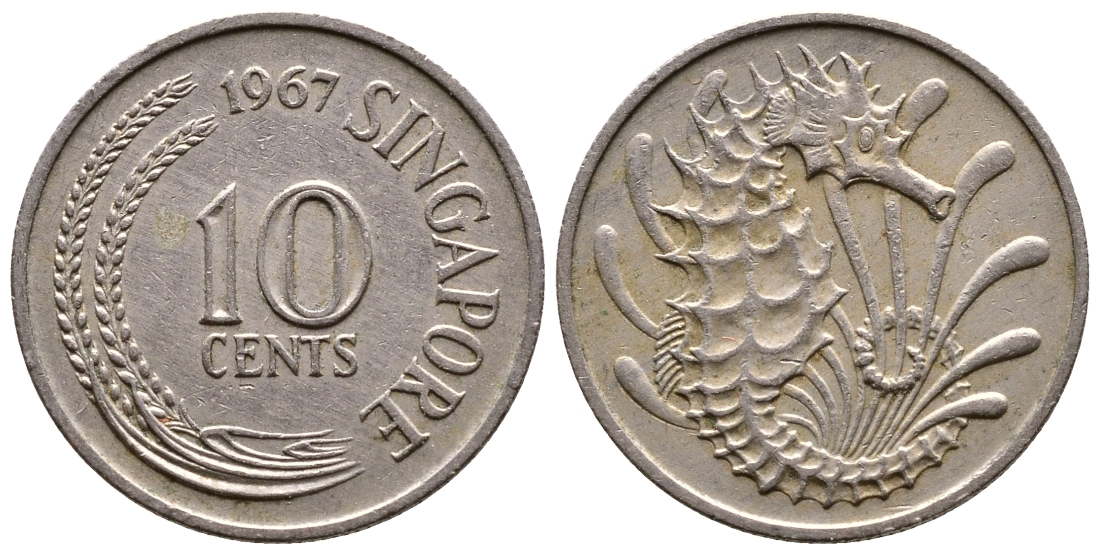 СИНГАПУР 10 ЦЕНТОВ 1967 МОРСКОЙ КОНЕК КМ 3 медно-никель 57-326