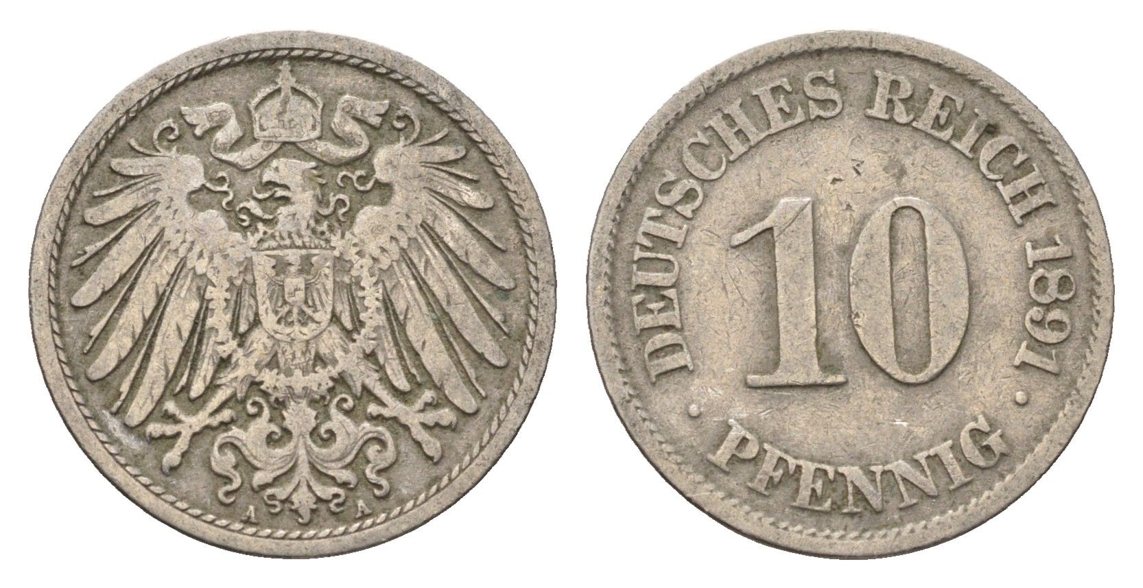 Германия 10 пфеннигов 1891 A KM 12, J. 13 медно-никель 4696-656