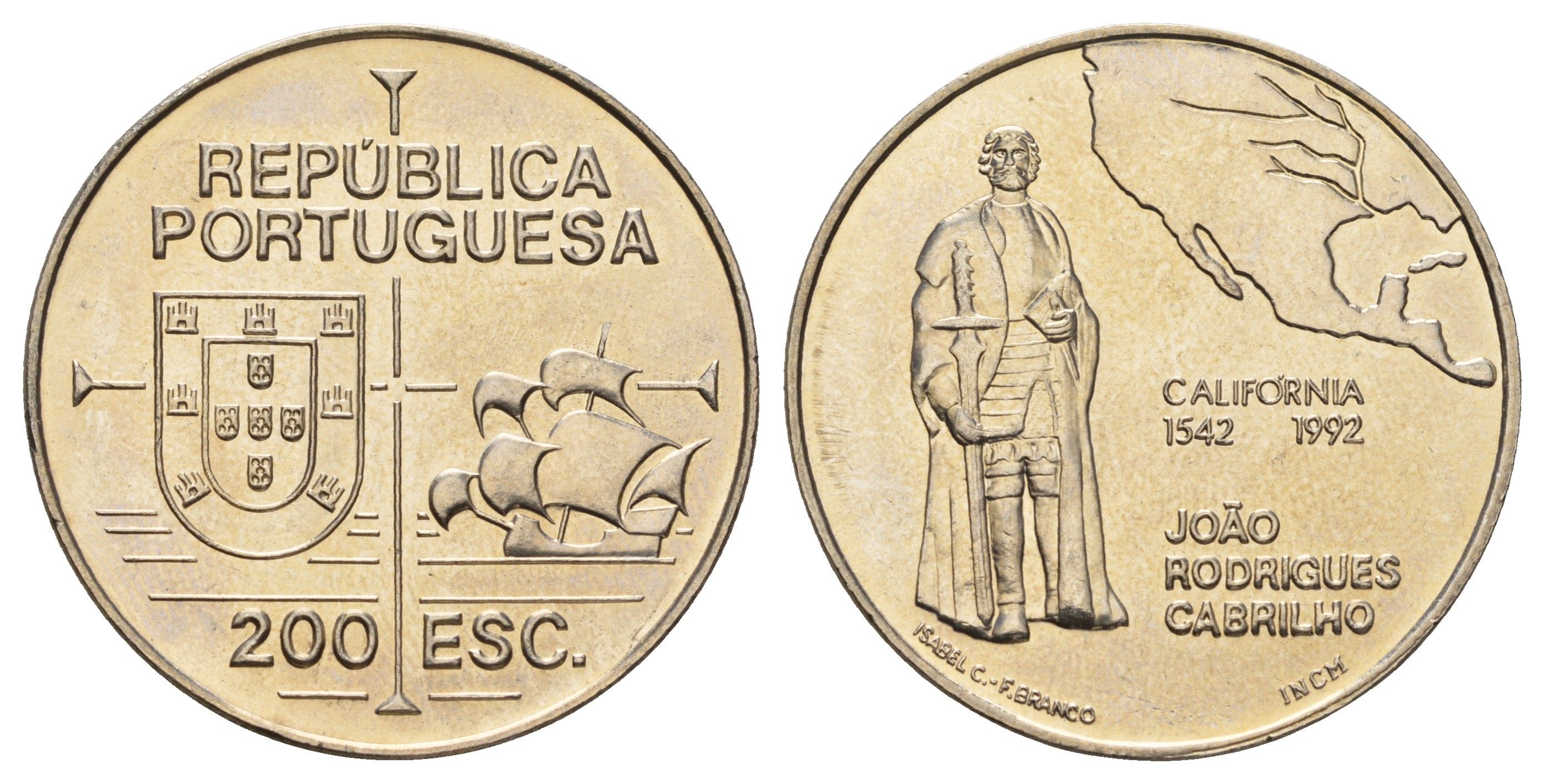 Португалия 200 эскудо 1992 450 лет открытию Калифорнии KM 661 медно-никель UNC 74-833