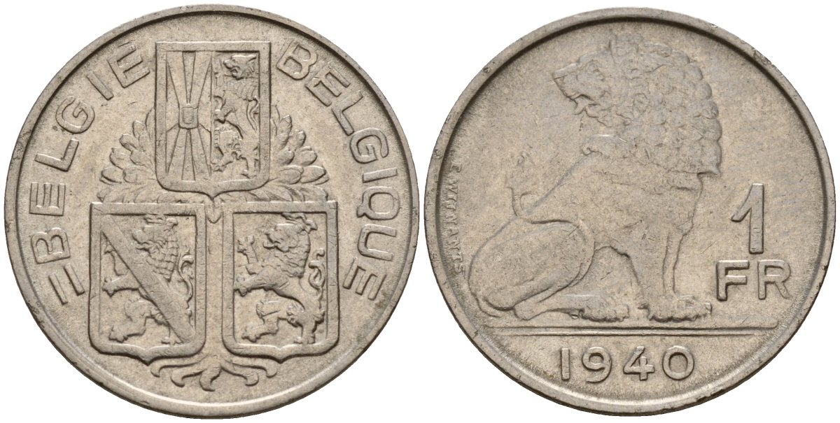 Бельгия 1 франк 1940 Belgie - Belgique KM 120 никель 4187-945