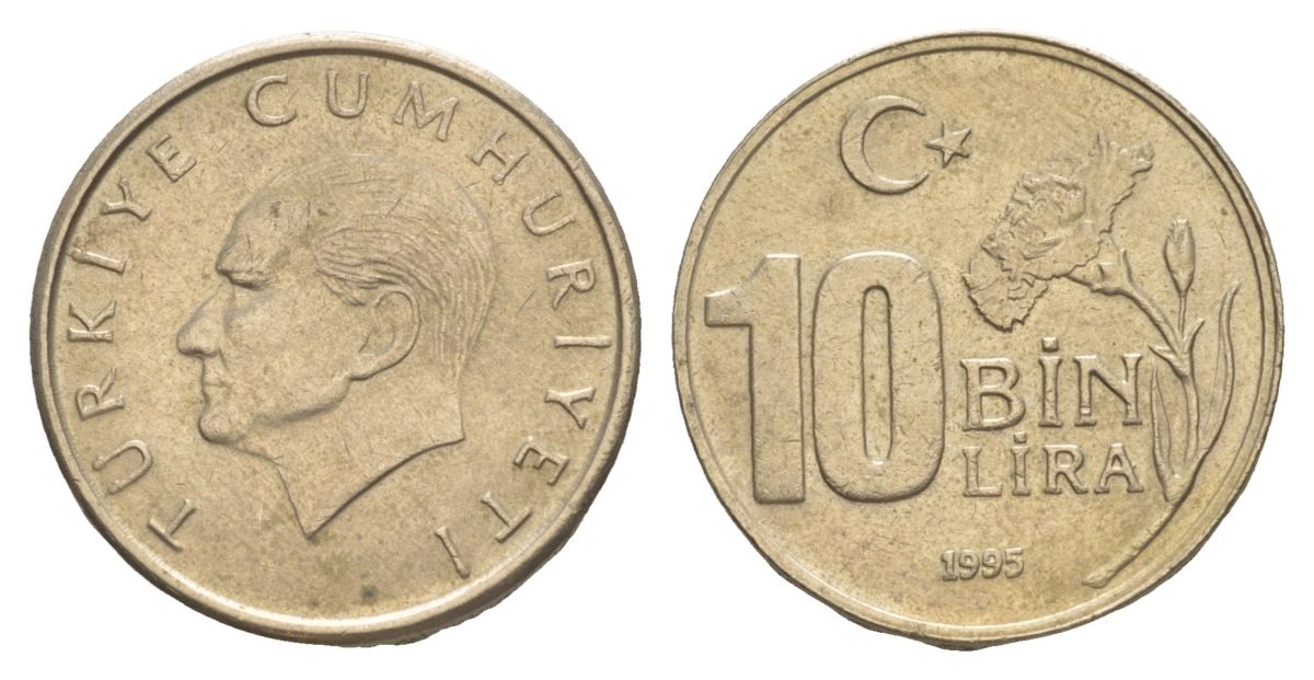 Турция 10000 лир 1995 Кемаль Ататюрк KM 1027.1 медь цинк никель aUNC 4633-336