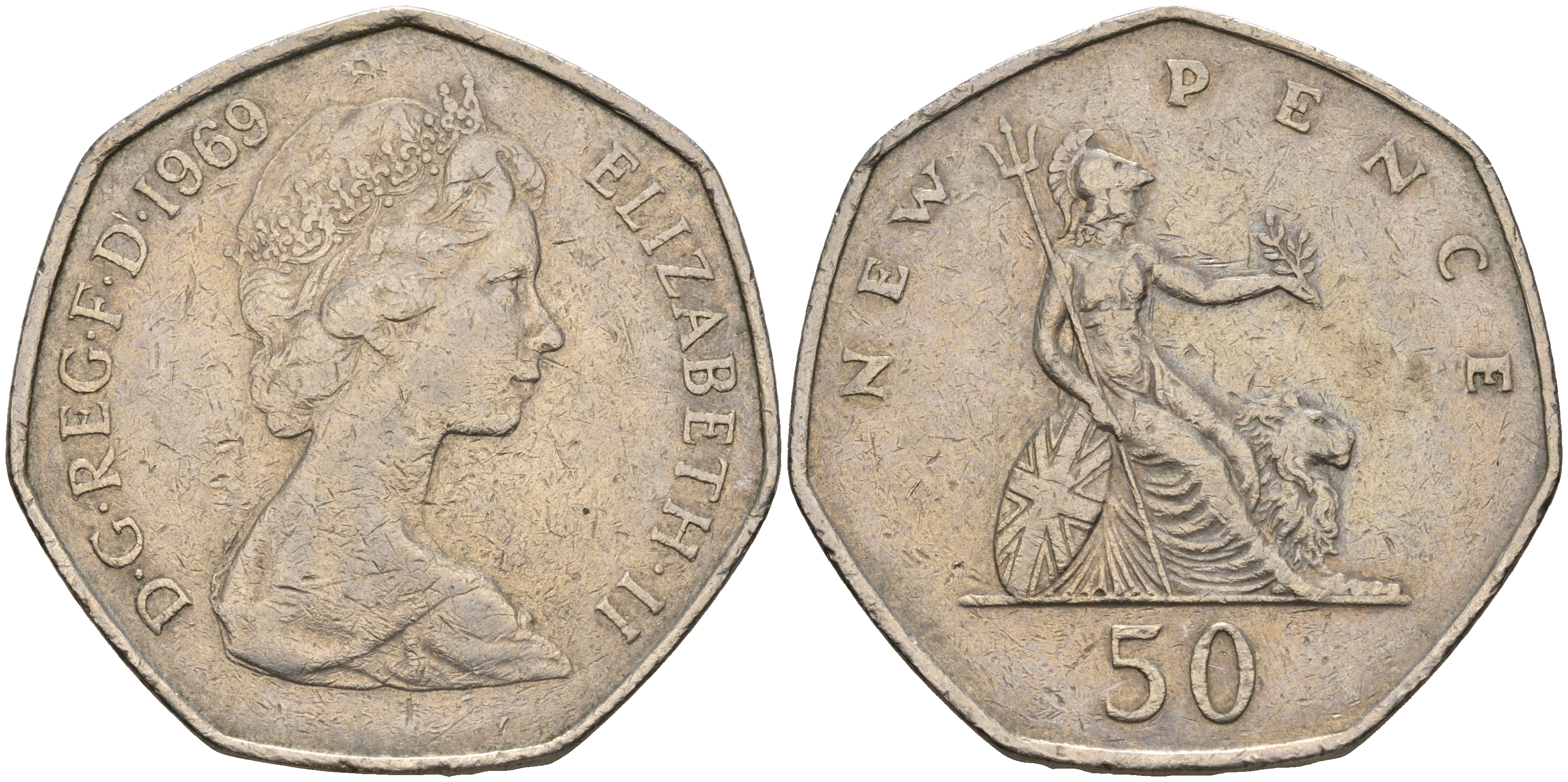 Великобритания 50 пенсов 1969 Елизавета II (1952-2022) KM 913, Spink 4223 (H1) медно-никель    59-222