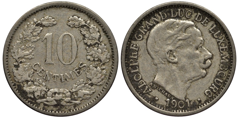 ЛЮКСЕМБУРГ 10 САНТИМОВ 1901 ВЕЛИКИЙ ГЕРЦОГ АДОЛЬФ (1890-1905) КМ 25 медно-никель 4538-722