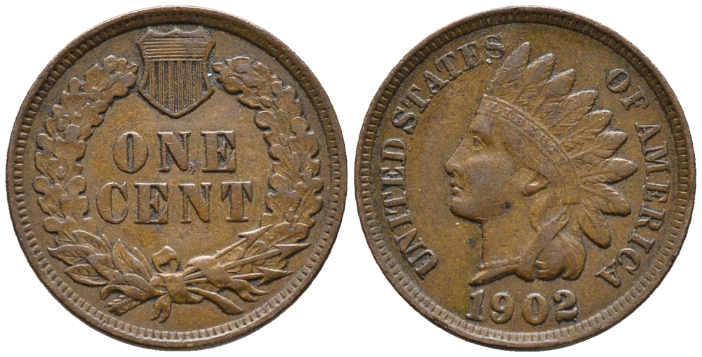 США 1 ЦЕНТ 1902 ГОЛОВА ИНДЕЙЦА KM 90а бронза 66-166