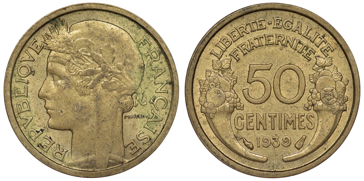 Франция 50 сантимов 1939 тип Morlon KM 894.1, Le Franc 192.15 алюминиевая бронза 4124-351