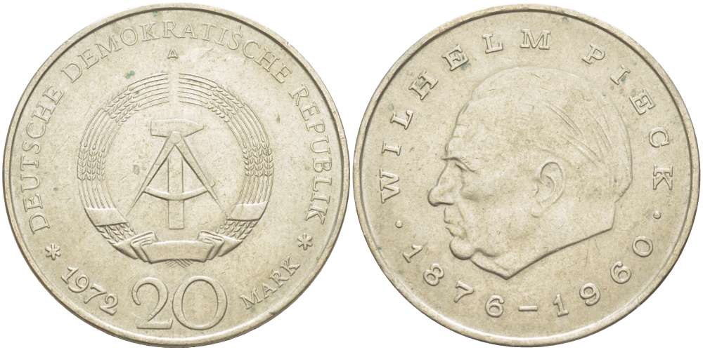 ГДР 20 марок 1972 А, Вильгельм Пик (1876-1960) KM 42 медно-никель 4521-436