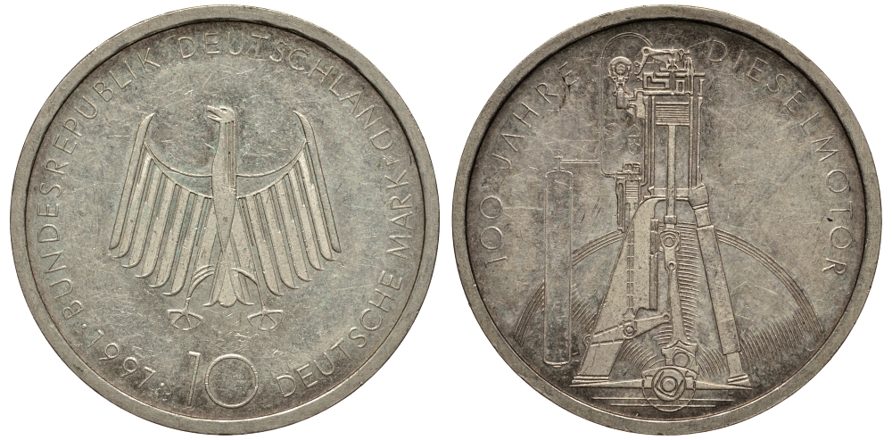 ФРГ 10 марок 1997 F, 100 лет дизельному двигателю KM 192 серебро 413-1733
