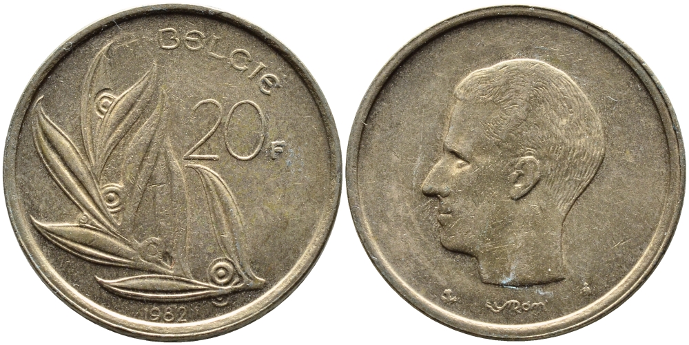 БЕЛЬГИЯ 20 ФРАНКОВ 1982 BELGIE KM 160 никель бронза 63-516