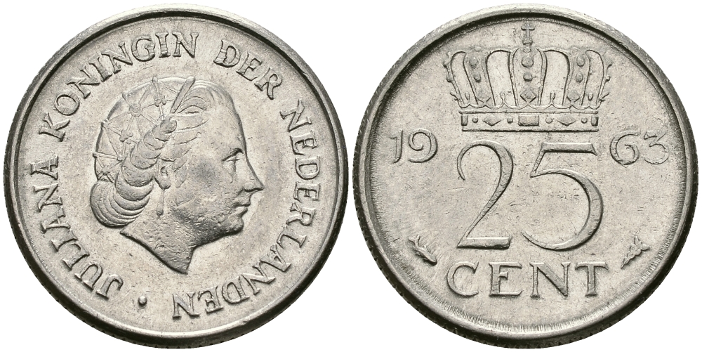 НИДЕРЛАНДЫ 25 ЦЕНТОВ 1963 ЮЛИАНА KM 183 никель 96-155