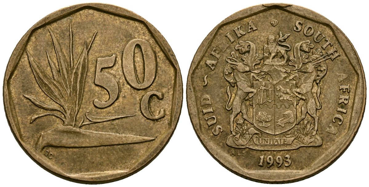 ЮАР 50 центов 1993 цветок KM 137 сталь плакированная латунью 4167-311