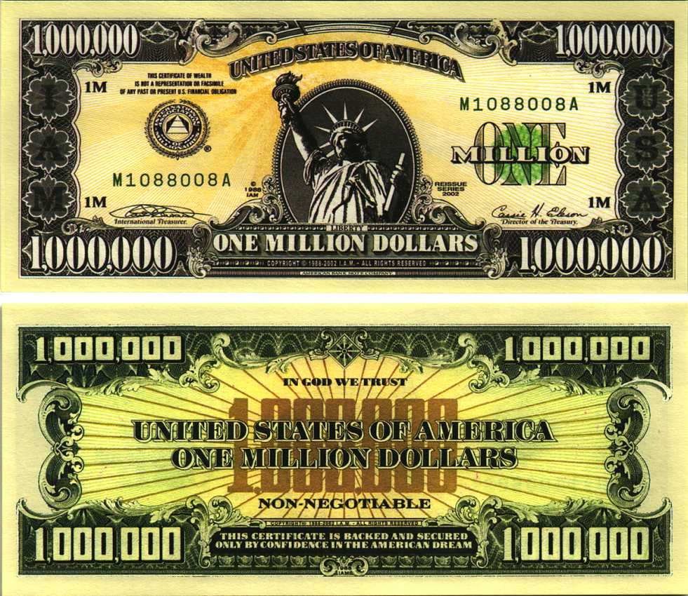 США 1000000 ДОЛЛАРОВ 2002 СУВЕНИРНАЯ БАНКНОТА, СТАТУЯ СВОБОДЫ бумага UNC (ПРЕСС) 7198-44-2-1