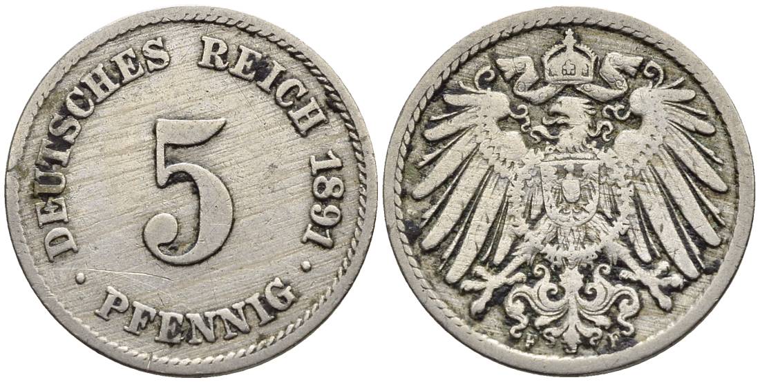 ГЕРМАНИЯ 5 ПФЕННИГОВ 1891 F KM 11, Jager 12, Weege 6 медно-никель 4547-326