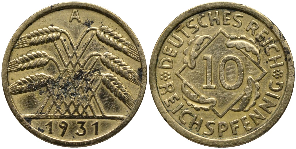 Германия 10 рейхспфеннигов 1931 A KM 40 алюминиевая бронза 4171-347