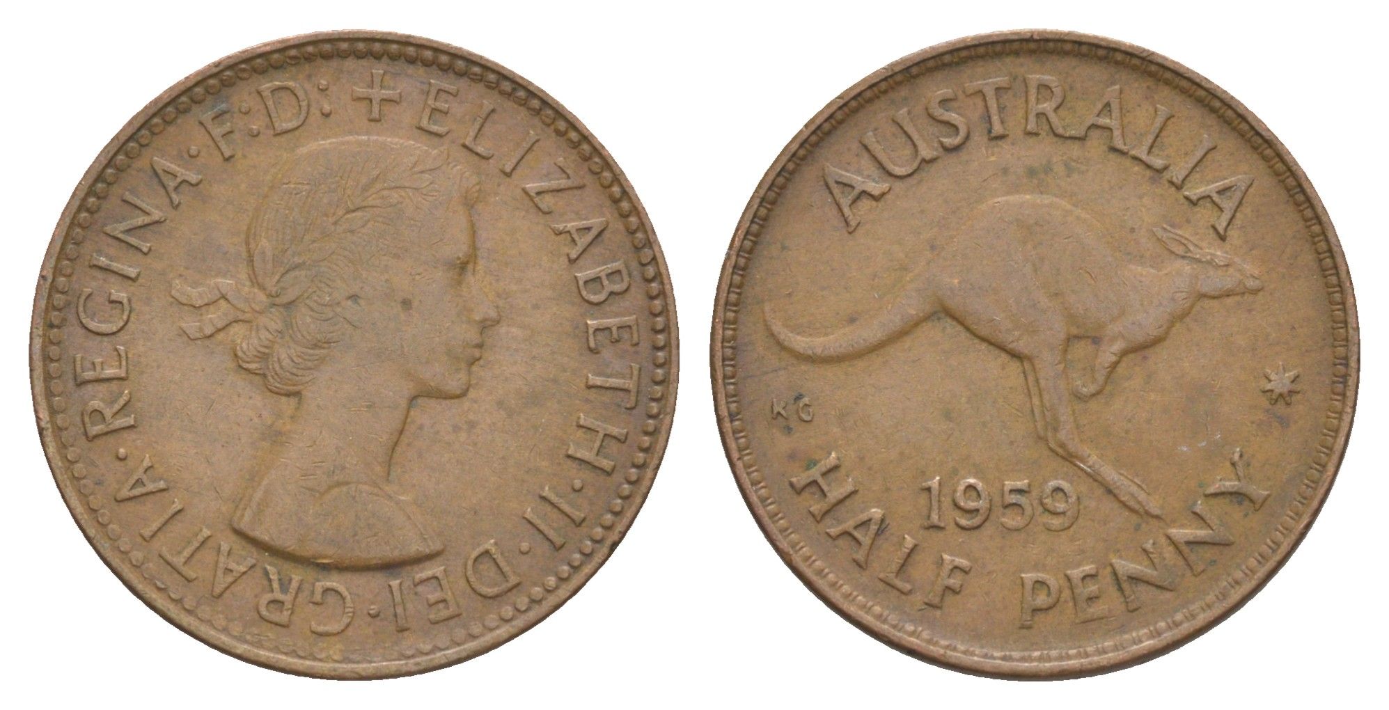 Австралия 1/2 пенни 1959 Елизавета II (1952-2022), Кенгуру KM 61 бронза 4150-537