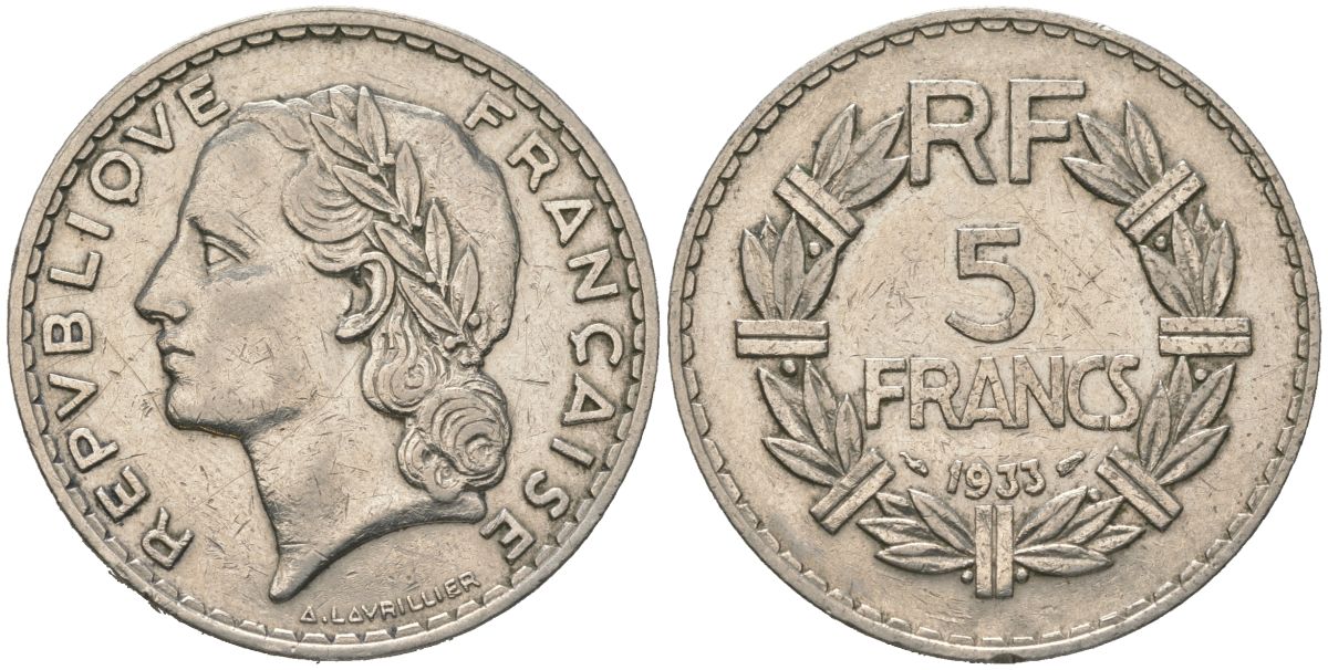 Франция 5 франков 1933 KM 888, Le Franc 336 никель 4607-843