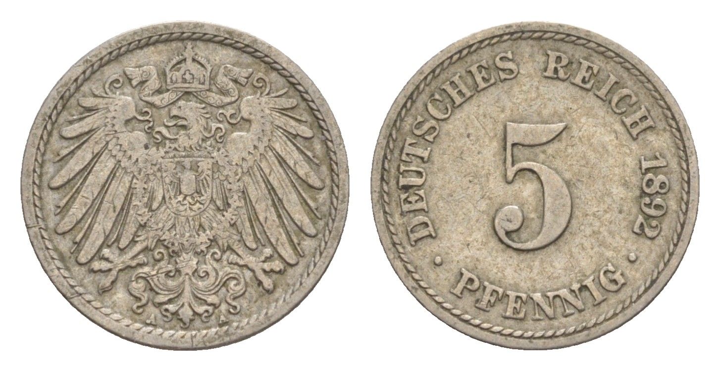Германия 5 пфеннигов 1892 A, Вильгельм II (1888-1918) KM 11, J. 12 медно-никель 4639-1258