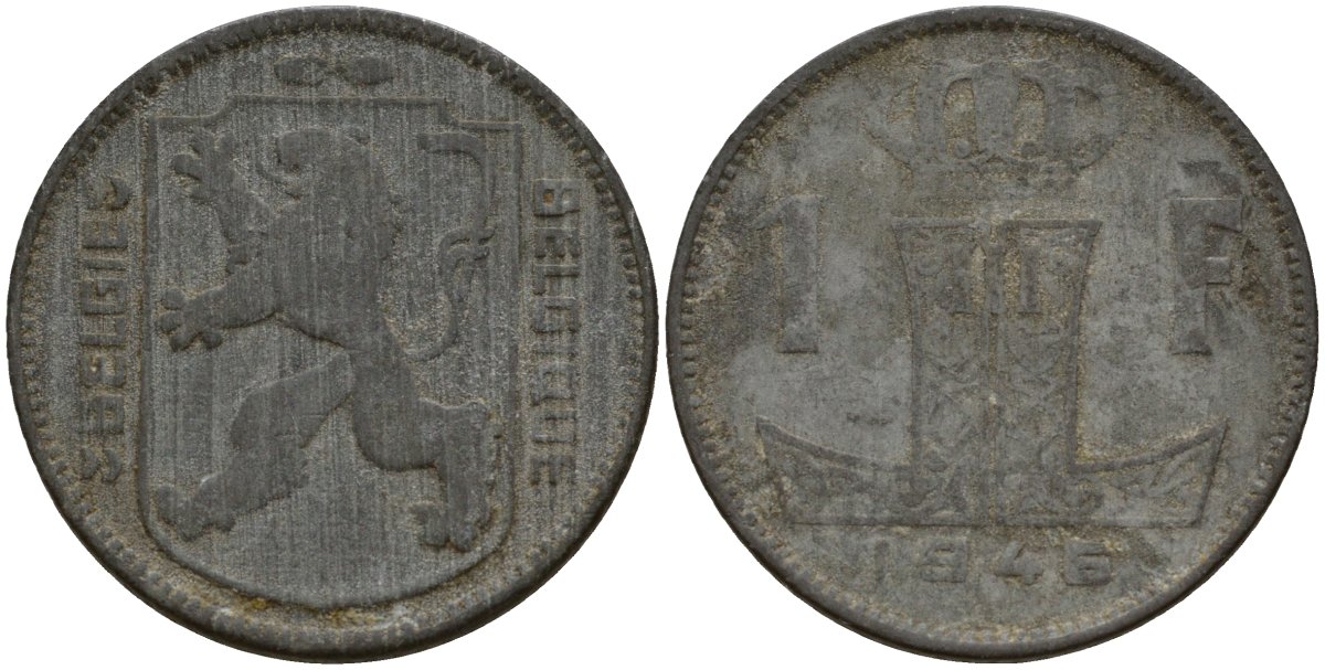 Бельгия 1 франк 1946 Belgie - Belgique, Леопольд III (1934-1947), германская оккупация, Вторая мировая война KM 128 цинк 4161-615