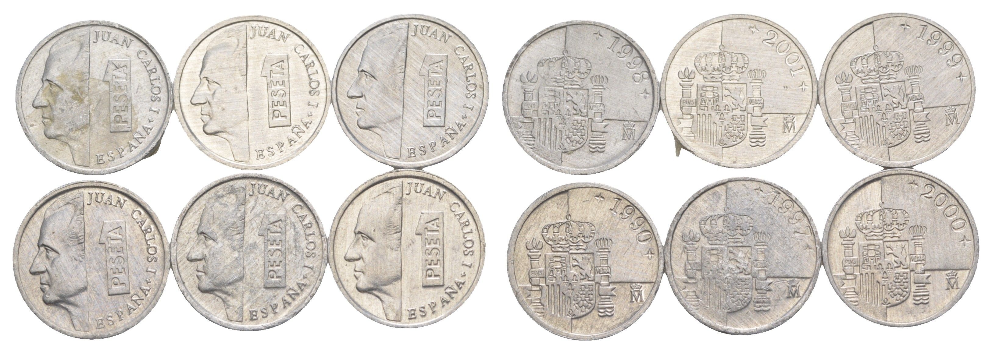 Испания лот из 6 монет (без повторов) 1 песета 1990, 1997, 1998, 1999, 2000 и 2001 Хуан Карлос I (1975-2014) KM 832 алюминий 4611-663-668