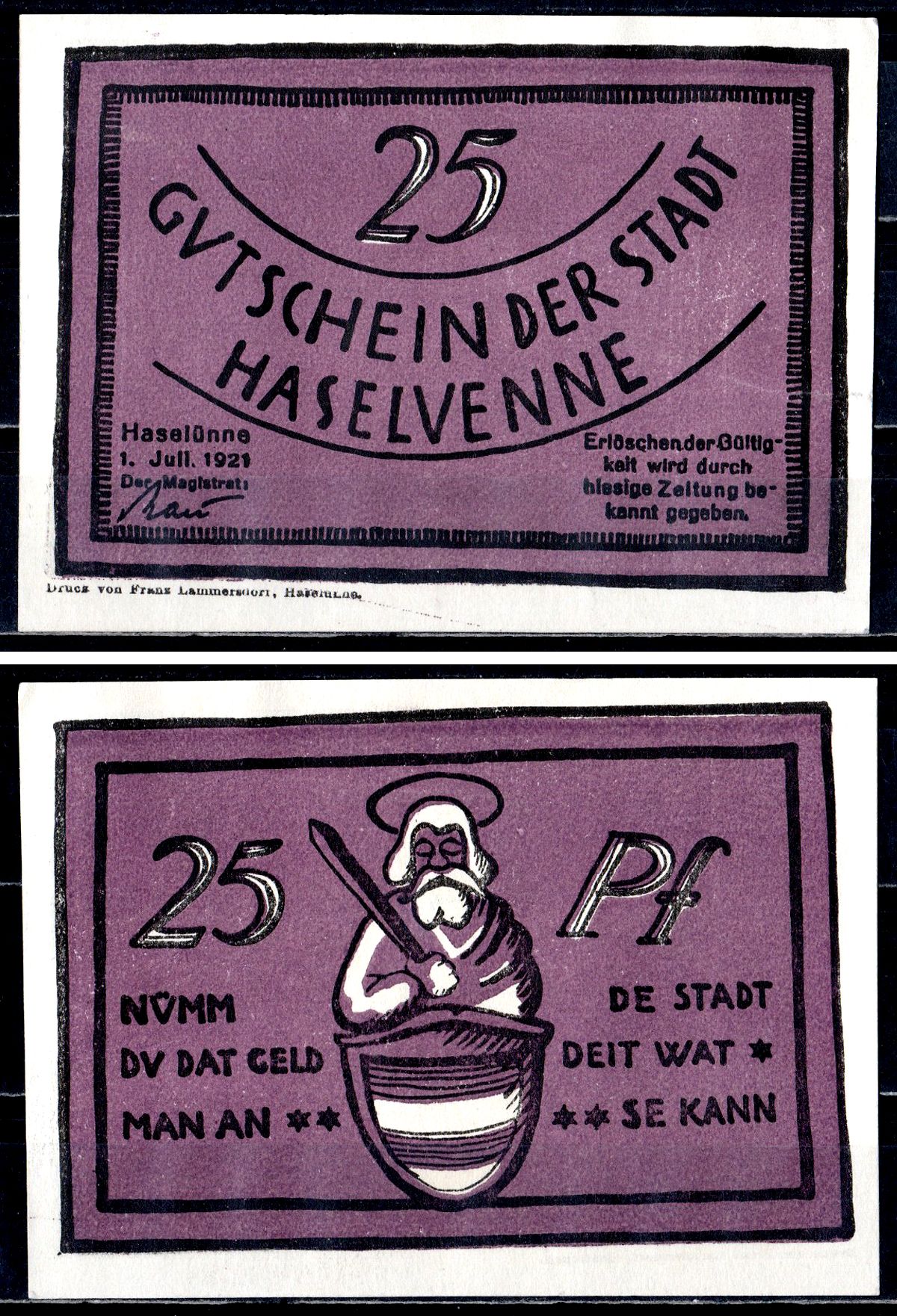 Хазелюнне (Пруссия, Ганновер) 25 пфеннигов 1921 2193-16-3-1