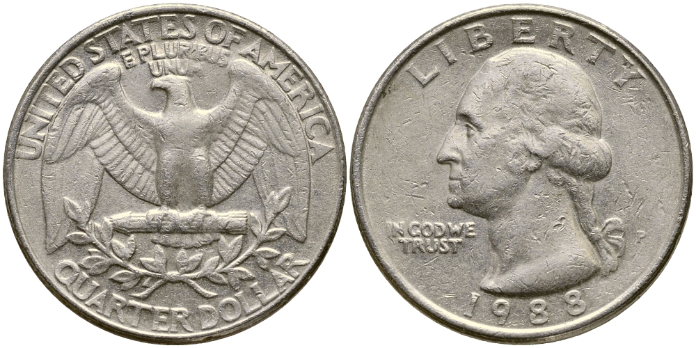 США 25 ЦЕНТОВ = КВОТЕР 1988 P, ВАШИНГТОН KM А164а медь плакированная медно-никелем 4388-236