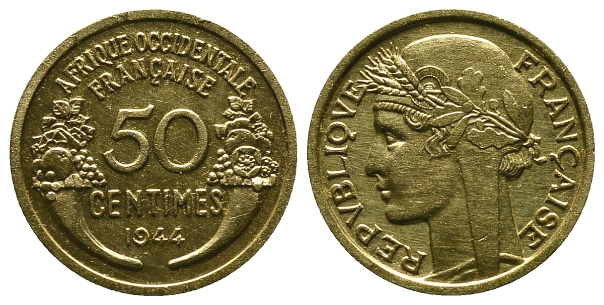 Французская Западная Африка 50 сантимов 1944 редкая KM 1, Lec 1 алюминиевая бронза aUNC 4381-942