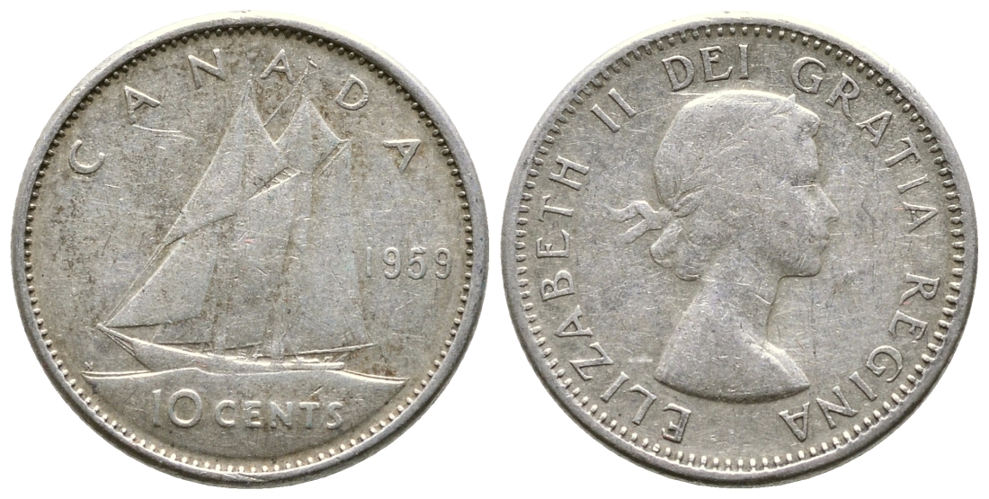 Канада 10 центов 1959 ПАРУСНИК, ЕЛИЗАВЕТА II KM 51 серебро 179-1069