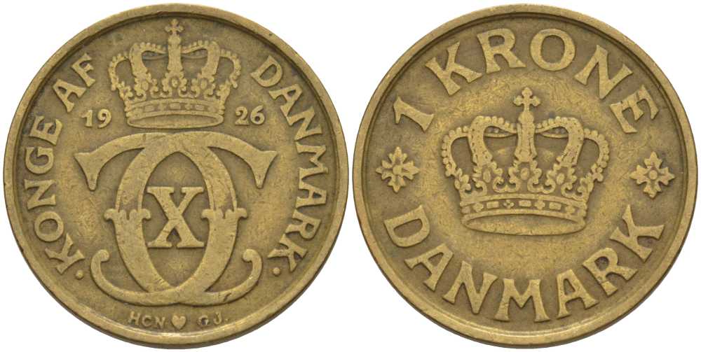 ДАНИЯ 1 КРОНА 1926 HCN; GJ, КРИСТИАН X (1912-1947) KM 824.1 алюминиевая бронза 38-425