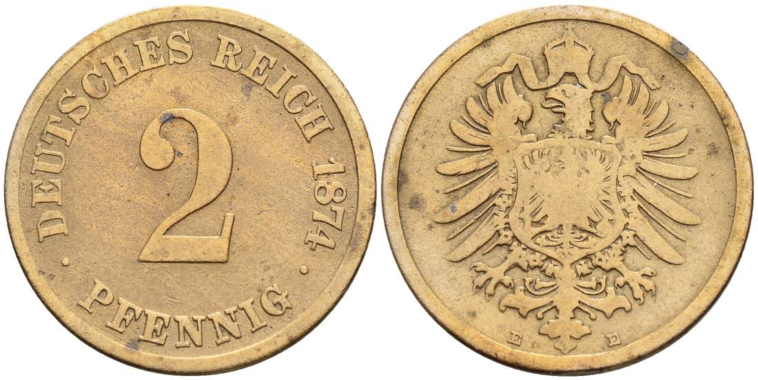 ГЕРМАНИЯ 2 ПФЕННИГА 1874 E, СТАРОГЕРБОВКА, РЕДКАЯ KM 2, Jager 2, Weege 3 медь 4546-535