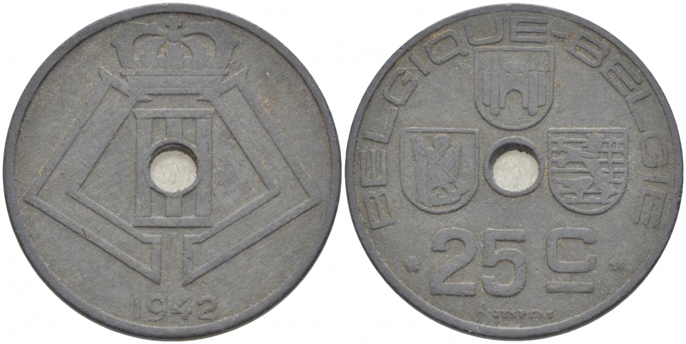 БЕЛЬГИЯ 25 САНТИМОВ 1942 BELGIQUE-BELGIE, ГЕРМАНСКАЯ ОККУПАЦИЯ, ВТОРАЯ МИРОВАЯ ВОЙНА KM 131 цинк 4529-1133