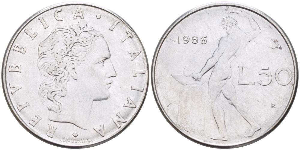 ИТАЛИЯ 50 ЛИР 1986 R, КУЗНЕЦ, ВУЛКАН БОГ ОГНЯ, ДИАМЕТР 25 ММ. KM 95.1 нержавеющая сталь 98-714