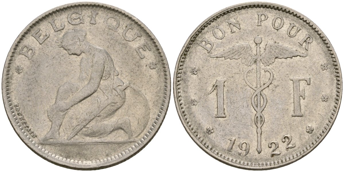 Бельгия 1 франк 1922 BELGIQUE KM 90 никель 73-1041