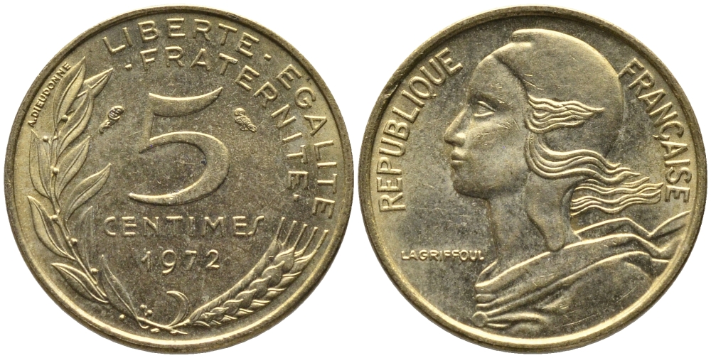 ФРАНЦИЯ 5 САНТИМОВ 1972 ТИП MARIANNE KM 933 медь алюминий никель 99-1114
