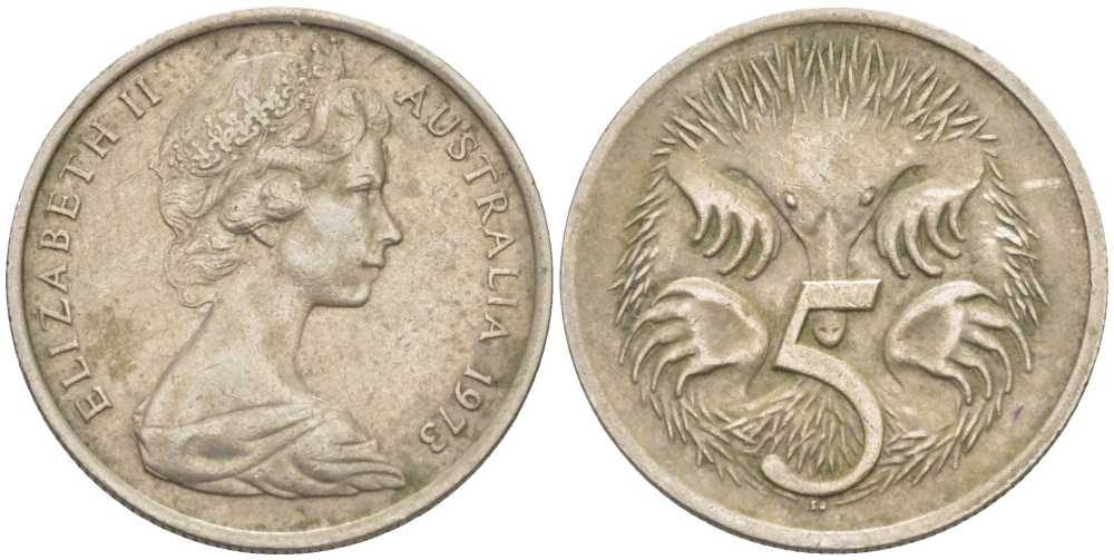 АВСТРАЛИЯ 5 ЦЕНТОВ 1973 ЕЛИЗАВЕТА II, МОЛОДОЙ ПОРТРЕТ, ЕХИДНА KM 64 медно-никель 100-1218